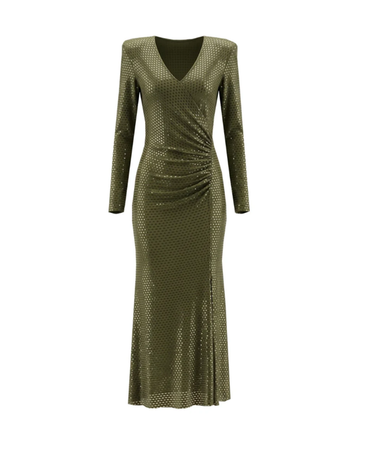 Long Sleeve Embellished A Line Midi Dress Green HV2836