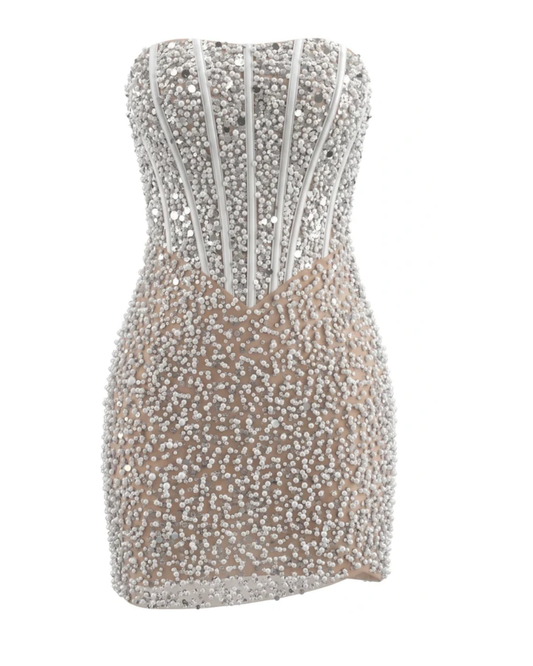 Strapless Structured Pearl Sequin Dress White HV3223