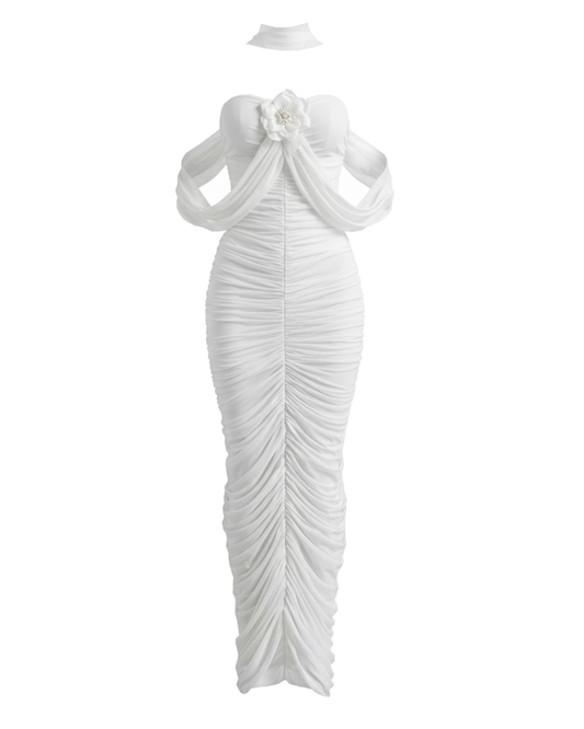 Halter Strapless Floral Draped Maxi Dress White HV11656