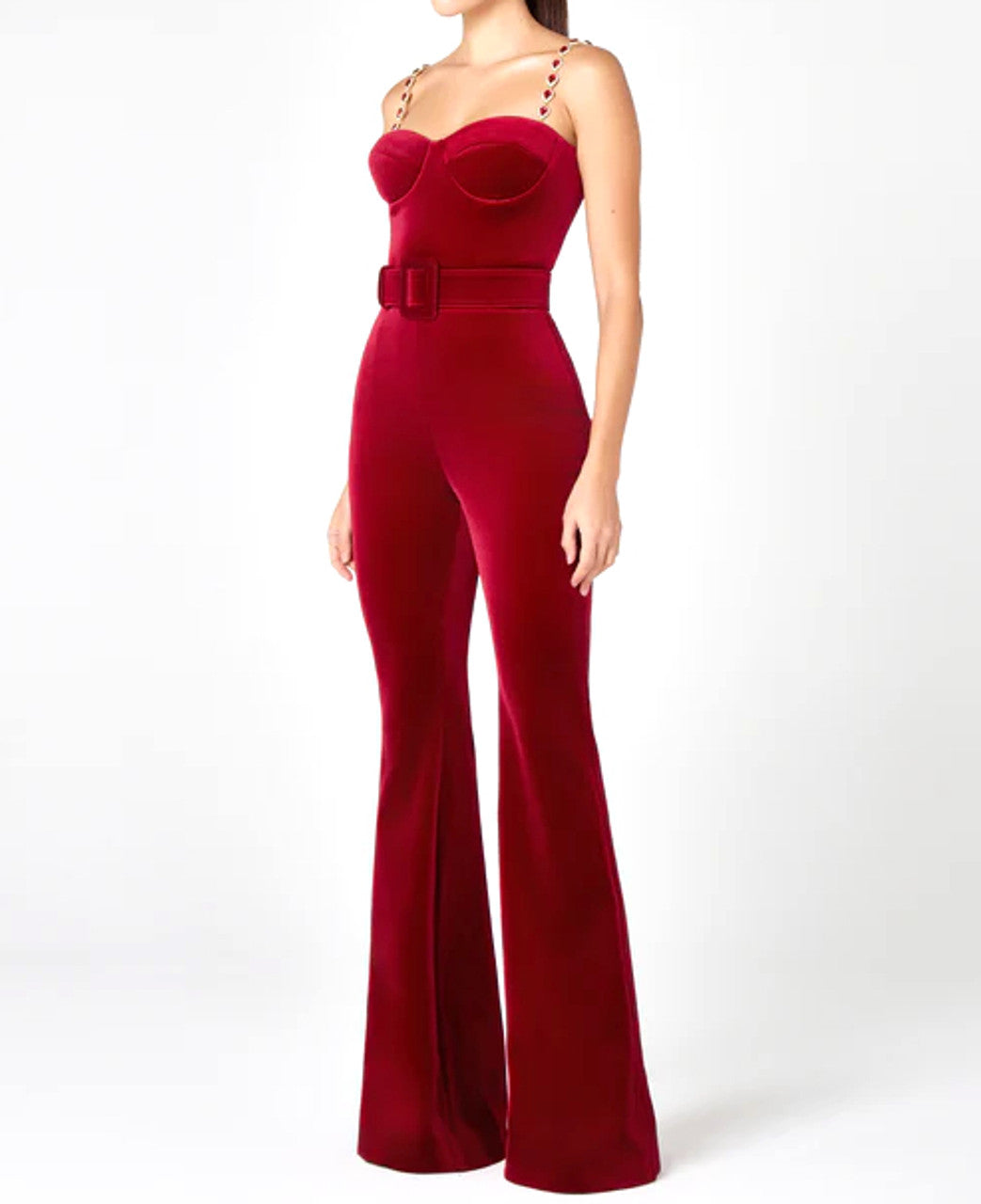 Bustier Detail Velvet Jumpsuit Red