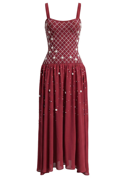 Crystal Embellished A Line Maxi Dress Dark Red HV2988
