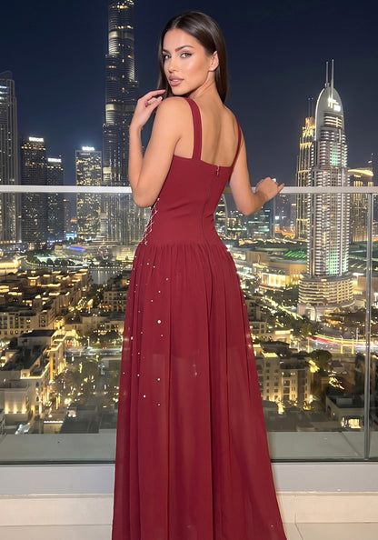 Crystal Embellished A Line Maxi Dress Dark Red HV2988