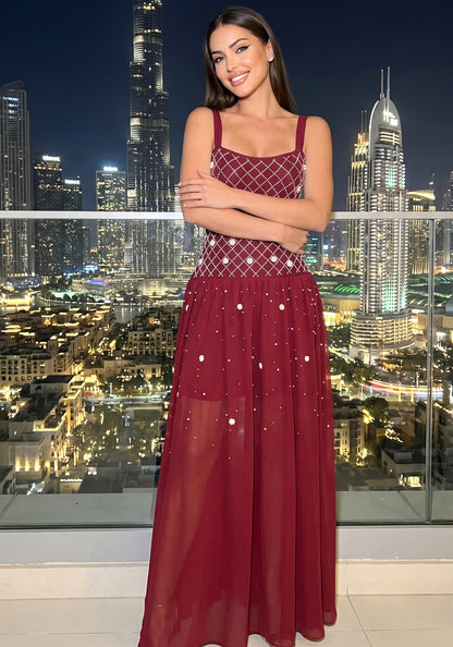 Crystal Embellished A Line Maxi Dress Dark Red HV2988