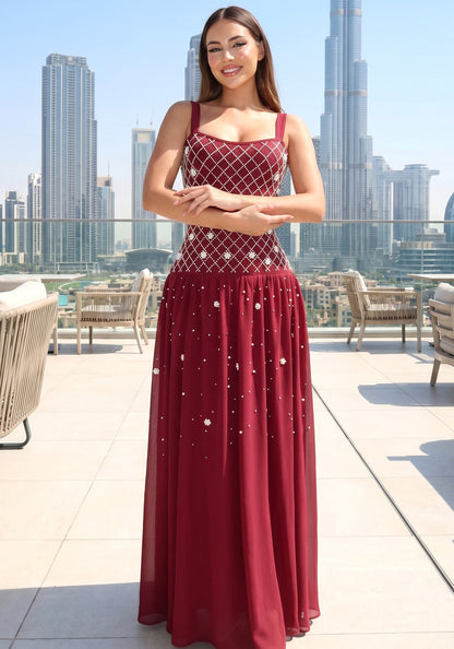Crystal Embellished A Line Maxi Dress Dark Red HV2988