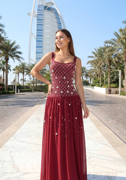 Crystal Embellished A Line Maxi Dress Dark Red HV2988