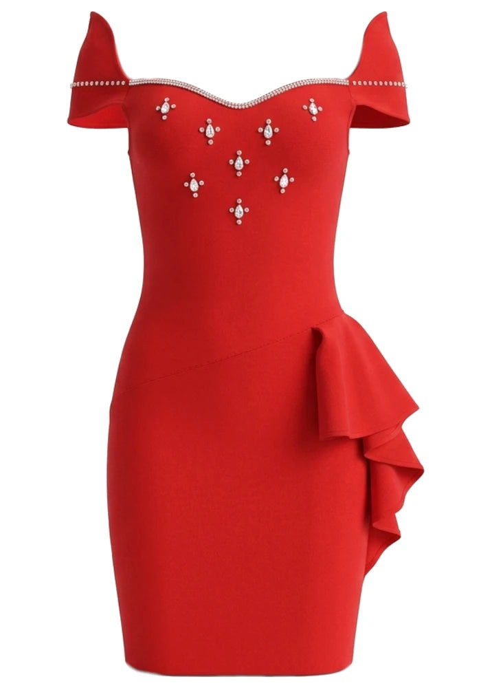 Crystal Bardot Ruffle Detail Dress Red HV2898