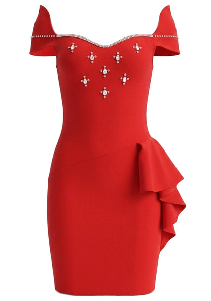 Crystal Bardot Ruffle Detail Dress Red HV2898