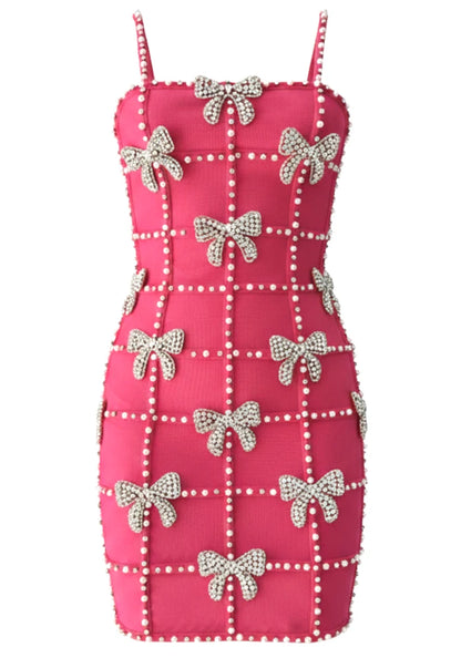 Crystal Pearl Embellished Dress Hot Pink HV2784