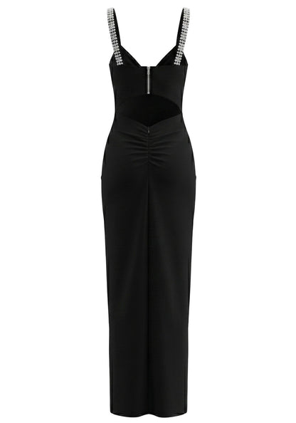 Crystal Embellished V Neck Maxi Dress Black HV3011
