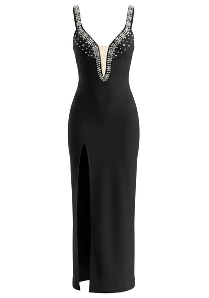 Crystal Embellished V Neck Maxi Dress Black HV3011