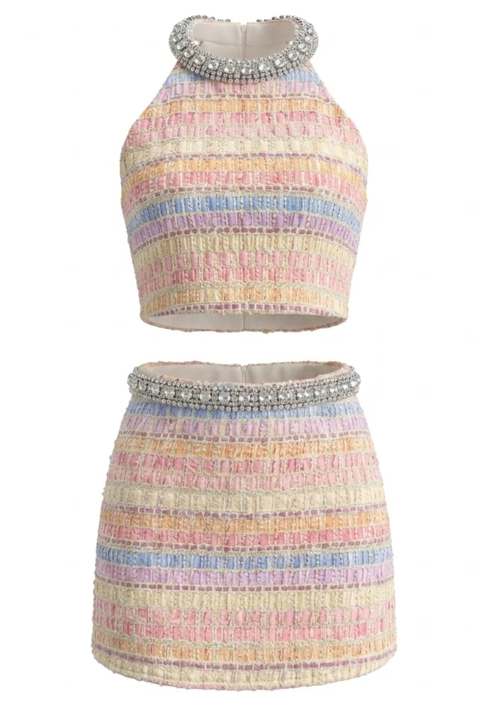 Crystal Neckline Two Piece Dress Rainbow HV2959
