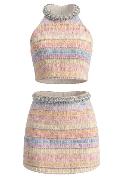Crystal Neckline Two Piece Dress Rainbow HV2959