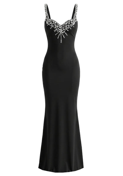 Crystal Embellished Front Maxi Dress Black HV3030
