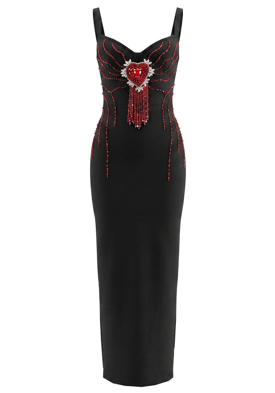Crystal Heart Embellished Maxi Dress Black HV3094