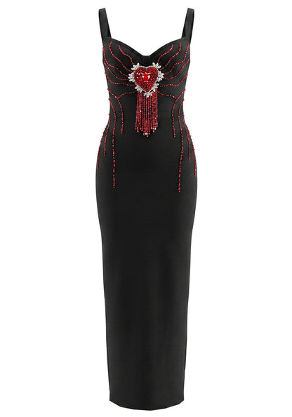 Crystal Heart Embellished Maxi Dress Black HV3094