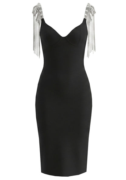 Crystal Shoulders Bustier Midi Dress Black HV2980