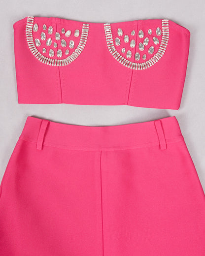 Strapless Crystal Bustier Two Piece Jumpsuit Hot Pink HV9772
