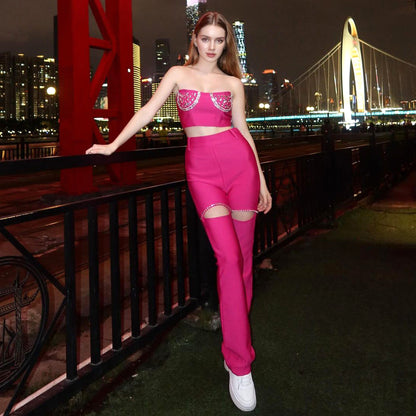 Strapless Crystal Bustier Two Piece Jumpsuit Hot Pink HV9772