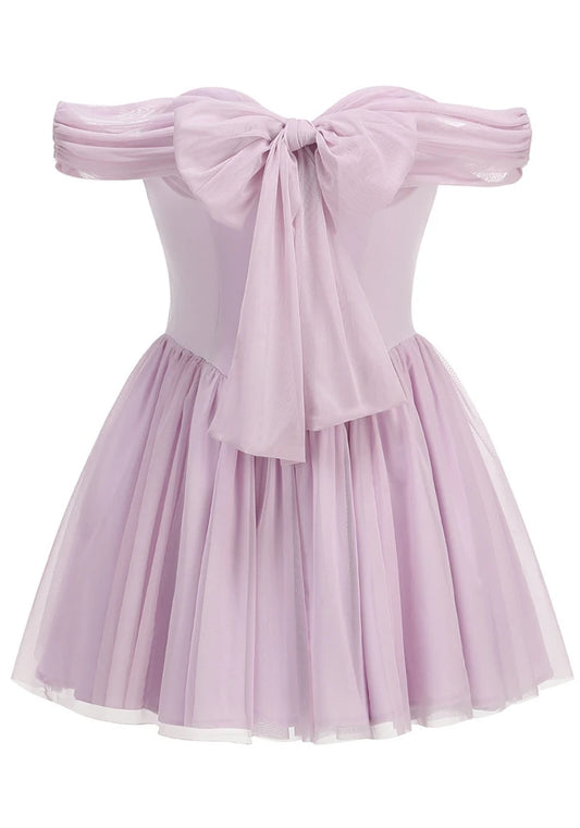 Draped Bardot Bow A Line Dress Lavender HV2635