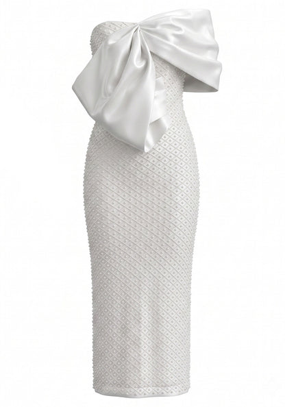 Draped Bardot Pearl Embellished Maxi Dress White HV3162