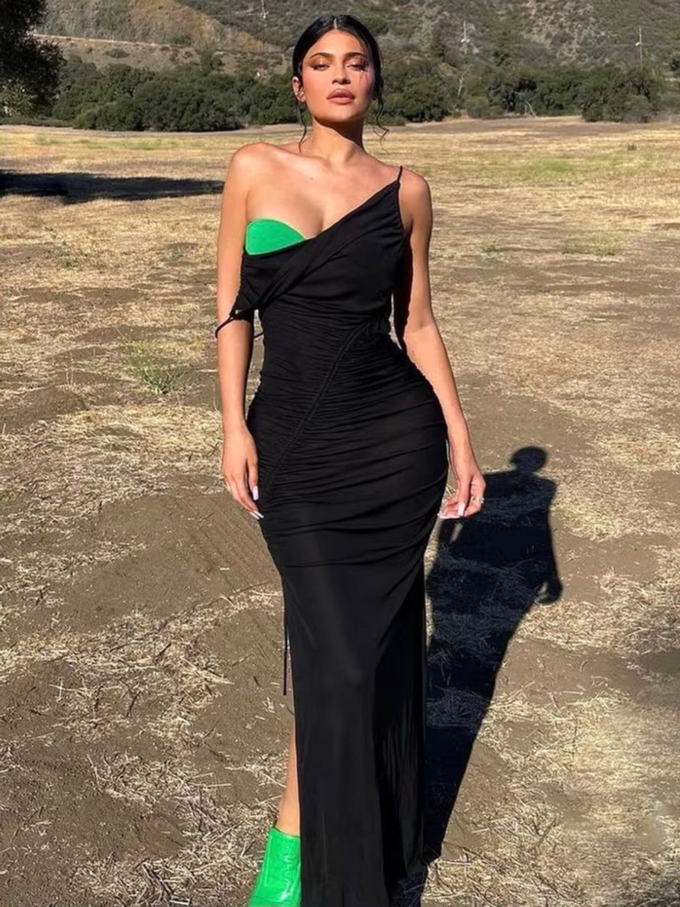 Bustier Draped Maxi Dress Black Green