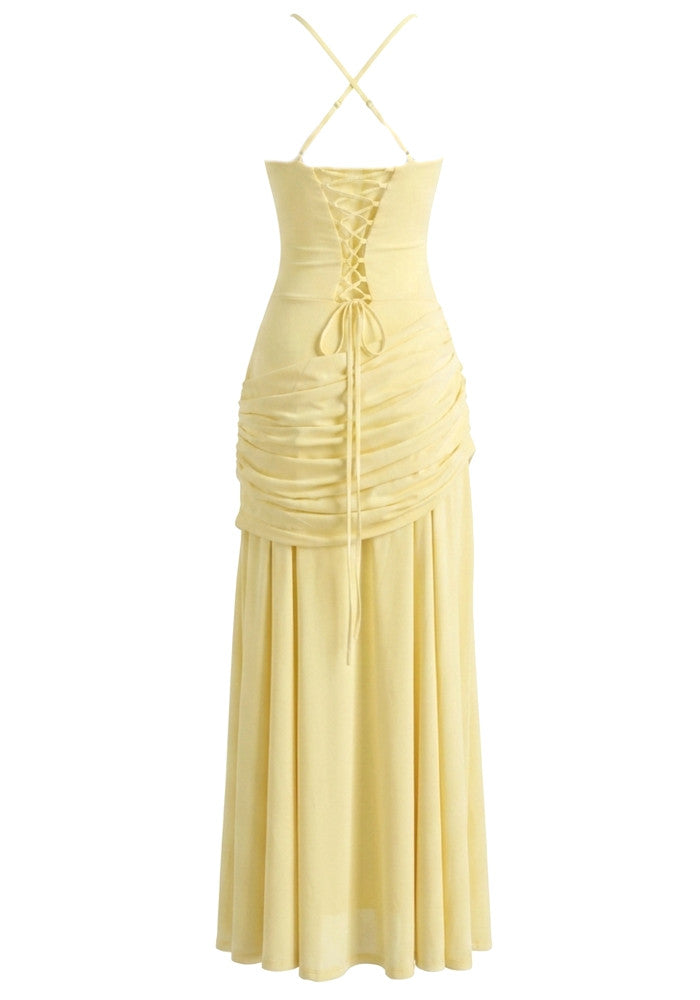 Halter Draped Detail Corset A Line Maxi Dress Yellow HV2962