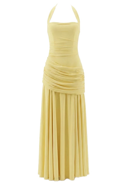 Halter Draped Detail Corset A Line Maxi Dress Yellow HV2962