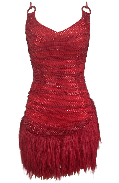 Draped Sparkly Feather Dress Red HV2496