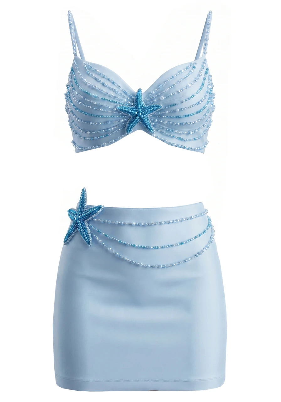 Embellished Starfish Corset Two Piece Dress Blue HV3207