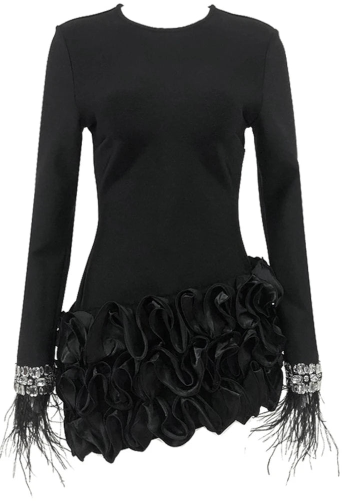 Crystal Feather Long Sleeve Ruffle Detail Dress Black HV2510