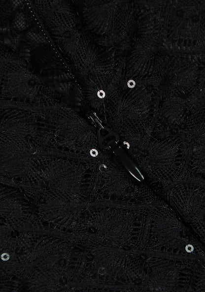 Feather Long Sleeve Sequin Jumpsuit Black HV1470