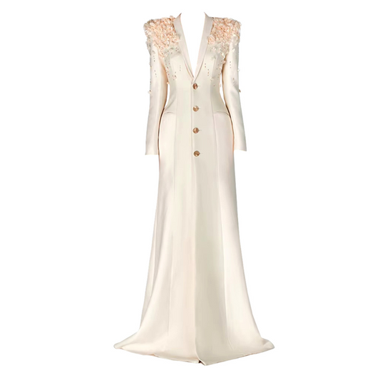 Long Sleeve Floral Crystal Maxi Coat Dress Ivory HV1717