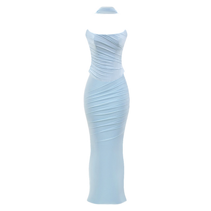Strapless Draped Two Piece Maxi Dress Blue