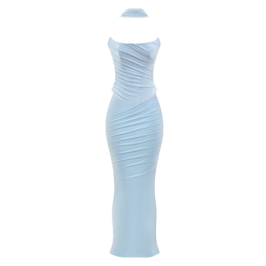 Strapless Draped Two Piece Maxi Dress Blue