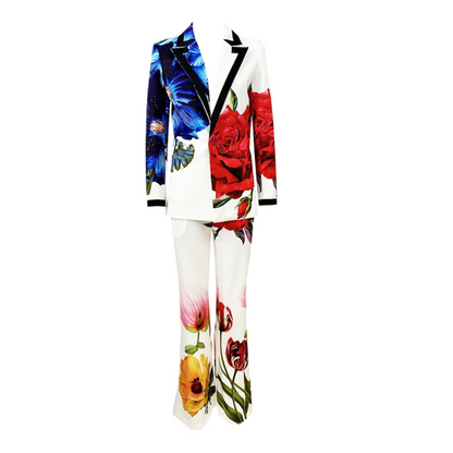 Long Sleeve Floral Suit White Blue Red