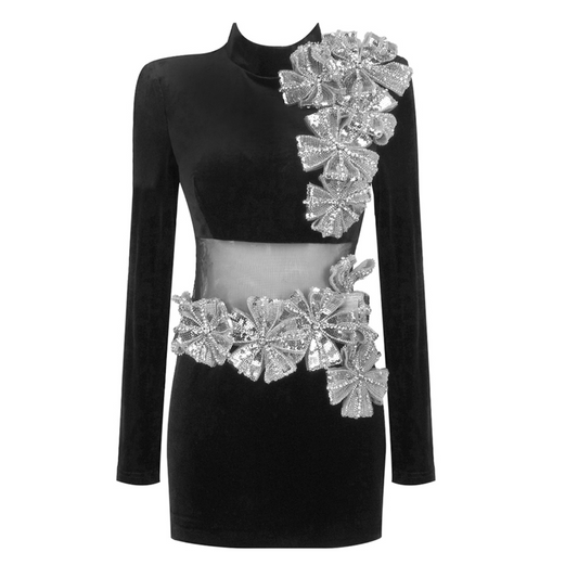 Long Sleeve Sequin Floral Velvet Dress Black  HV1695