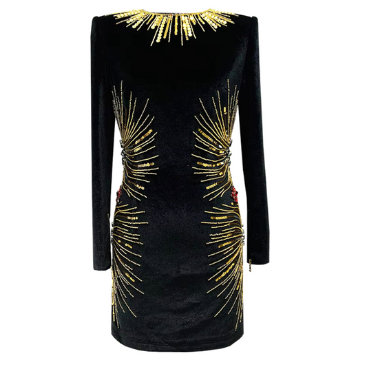 Long Sleeve Embellished Velvet Dress Black
