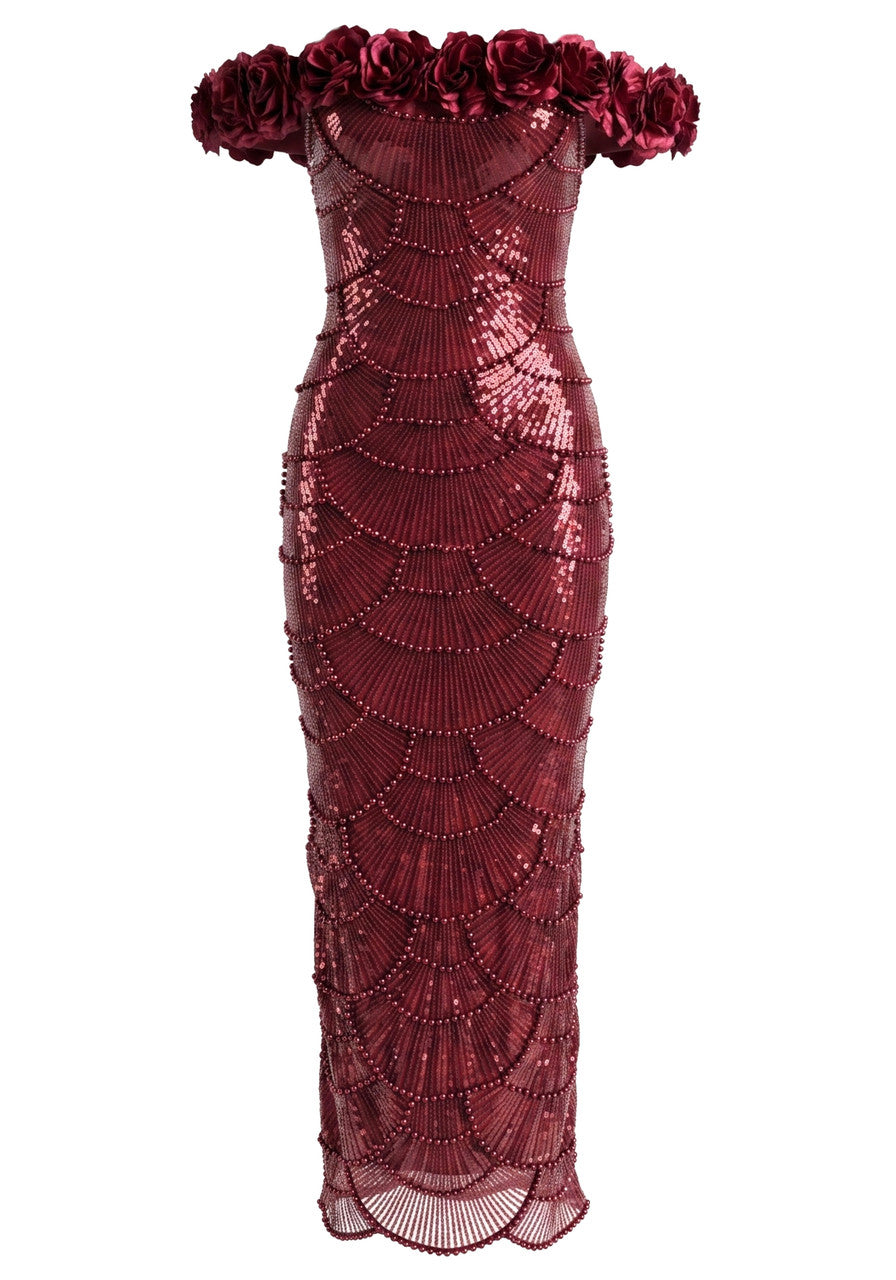 Floral Bardot Sequin Maxi Dress Burgundy HV3095