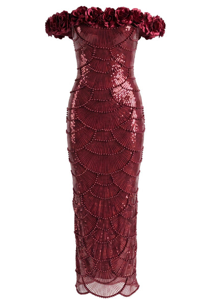 Floral Bardot Sequin Maxi Dress Burgundy HV3095