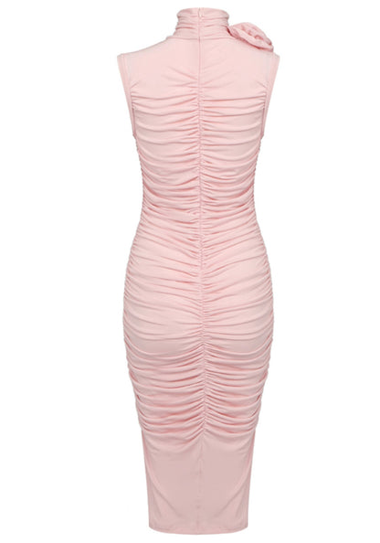 Floral Detail Ruched Midi Dress Pink