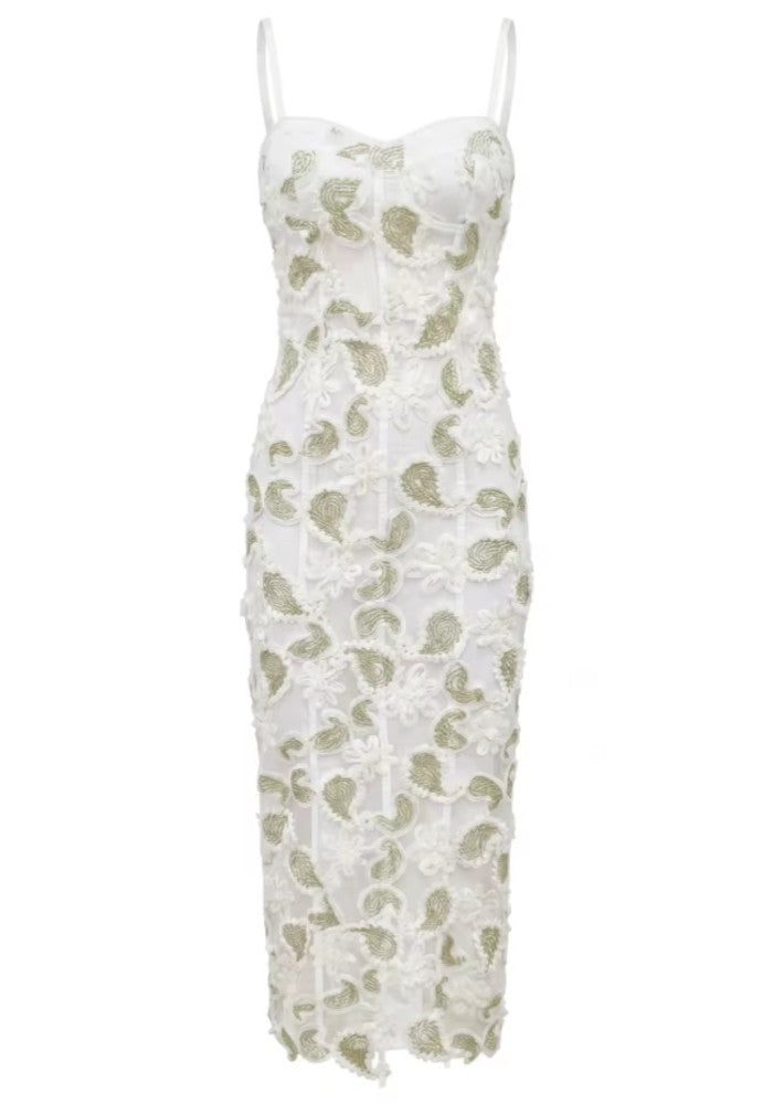 Floral Lace Midi Dress White Green HV3003