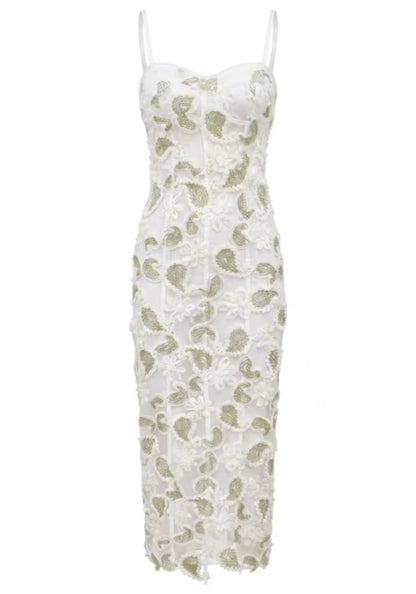 Floral Lace Midi Dress White Green HV3003