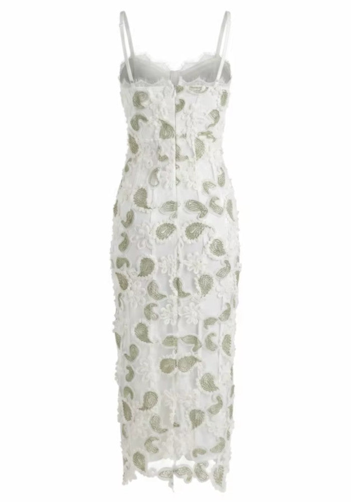 Floral Lace Midi Dress White Green HV3003