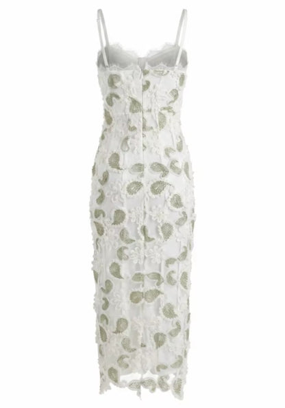 Floral Lace Midi Dress White Green HV3003