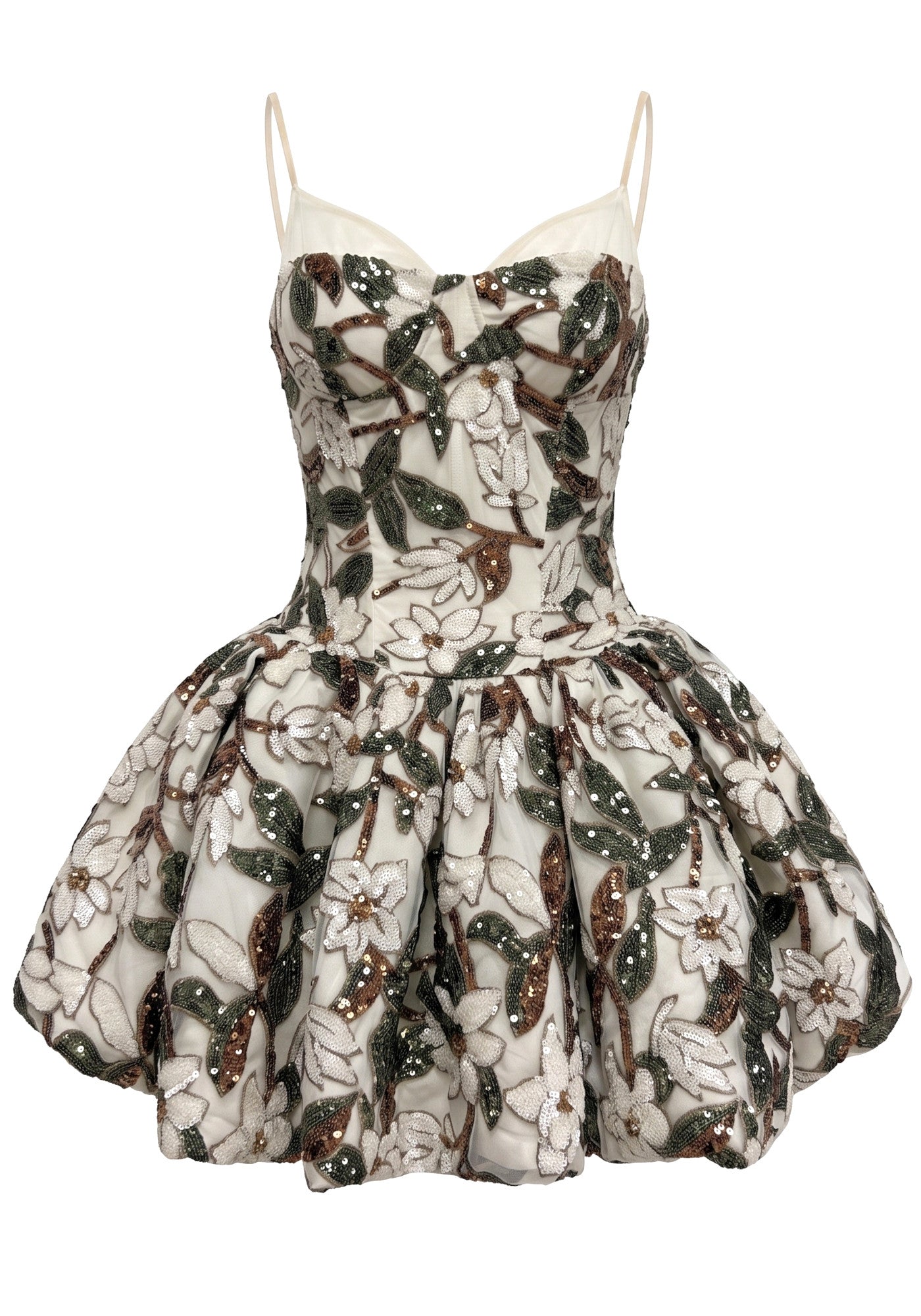 Floral Sequin Bubble Dress Brown Green HV3080