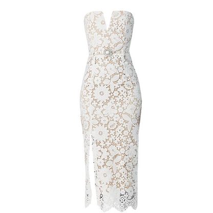 Strapless Floral Crochet Midi Dress White HV1778