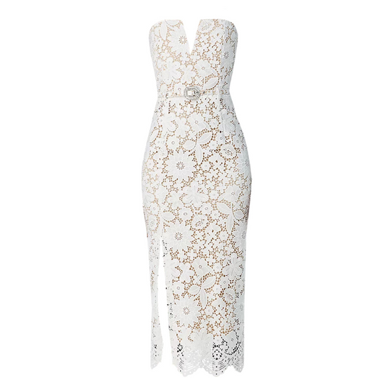 Strapless Floral Crochet Midi Dress White HV1778