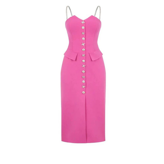Crystal Button Midi Dress Hot Pink HV1475