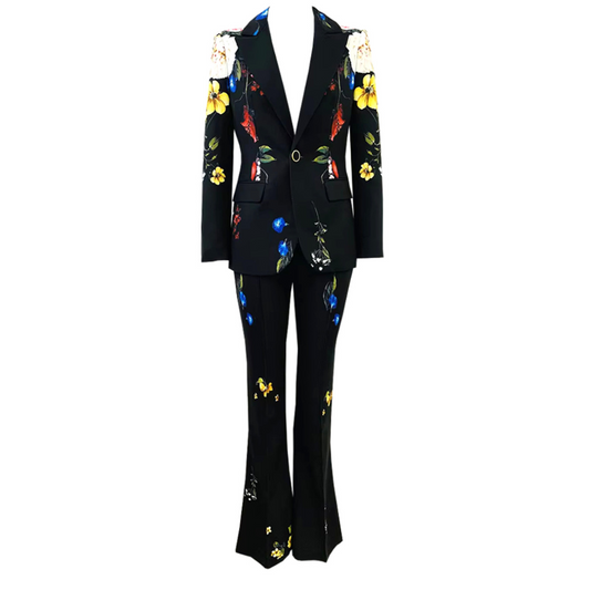 Long Sleeve Floral Design Suit Black