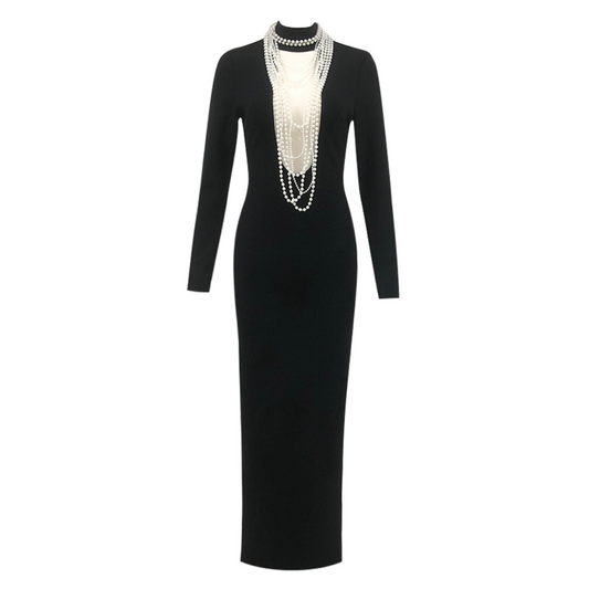 Long Sleeve Pearl Necklace Maxi Dress Black HV1700